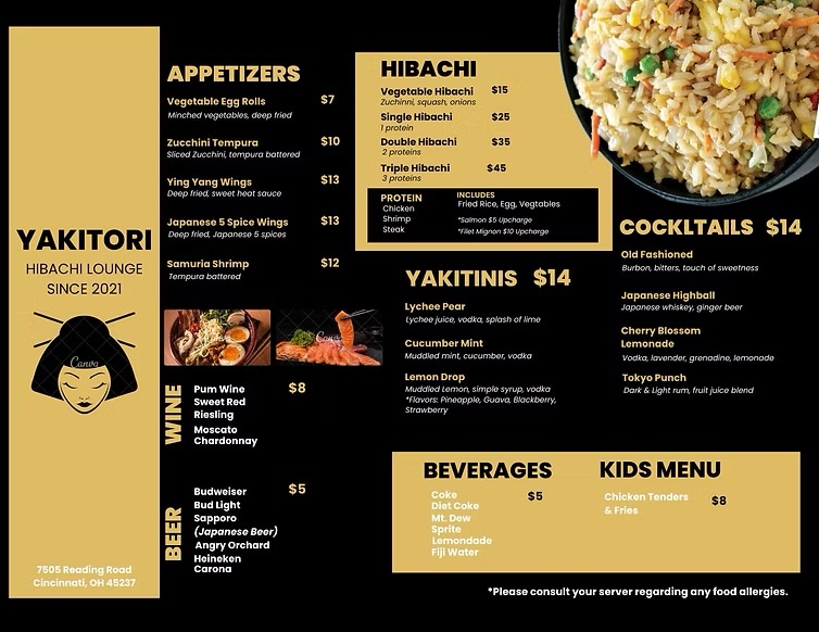 Redesigned Yakitori Hibachi Lounge menu showing clear sections and hierarchy
