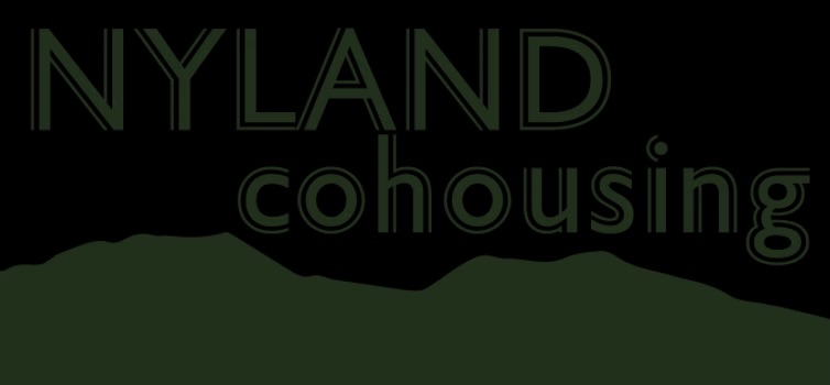 Nyland Cohousing logo with dark green lettering over a mountain silhouette
